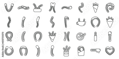 Churros icons set outline vector. Chocolate food. Spain biscuit