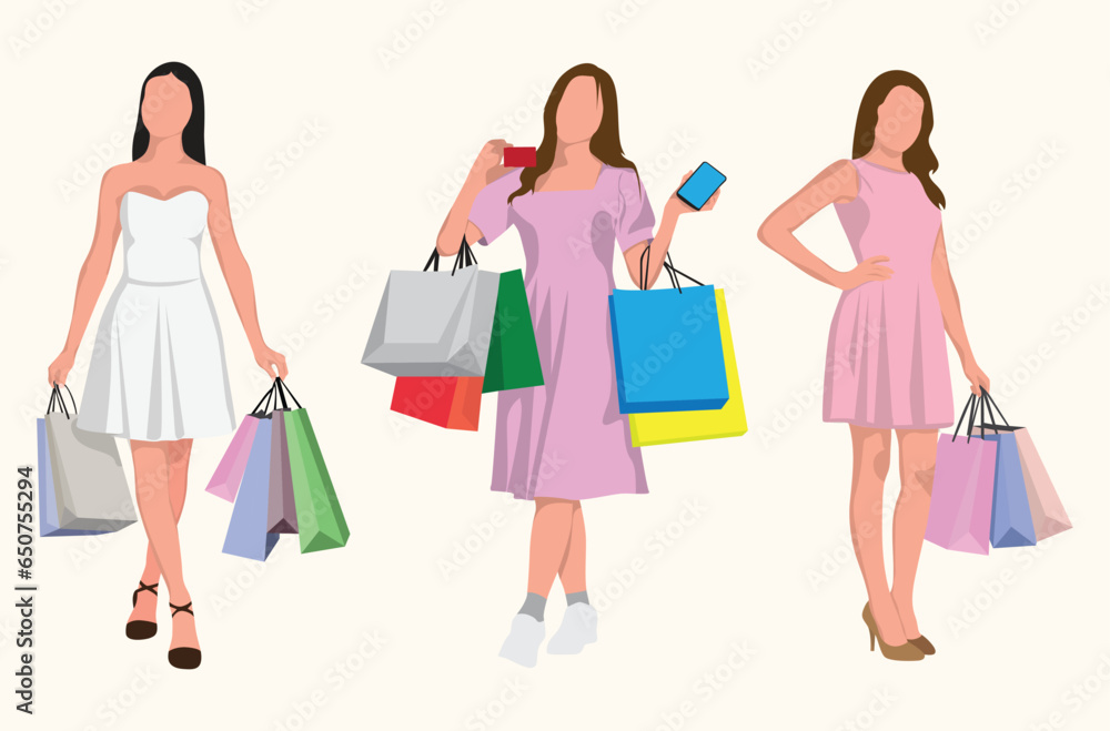 fashion girls shopping. pretty woman holding shopping bags vector