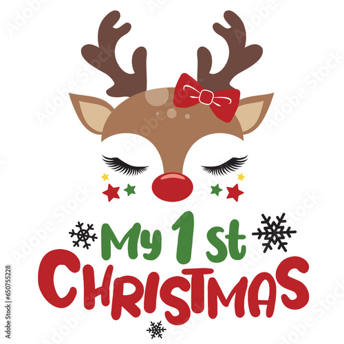 My first Christmas vector illustration with cute deer face. Girls Christmas design isolated good for Xmas greetings cards, poster, print, sticker, invitations, baby t-shirt, mug, gifts.