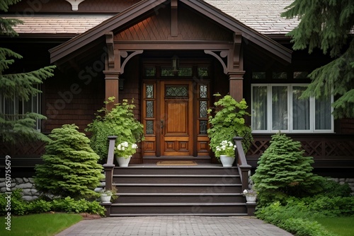 The main entrance door of a house, characterized by a wooden front door with a gabled porch and landing. This exterior view showcases the Georgian style of a home cottage with imposing columns. © Md Shahjahan