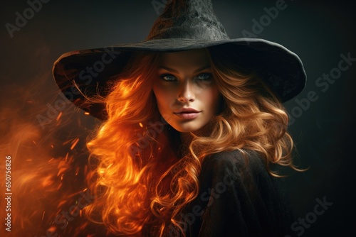 Magic gothic enchanted witch woman evil fairy girl magician wearing dress and hat in Happy Halloween spooky scary fantasy fall scene with full moon creepy horror night light background. Copy space.