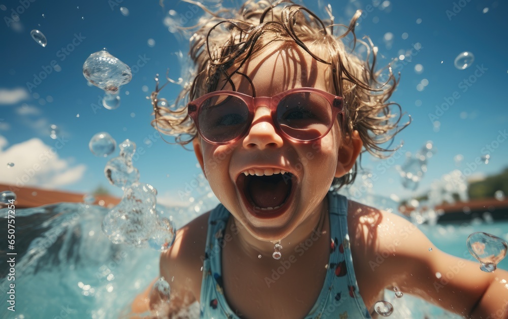 Happy kid boy playing in the pool on a hot summer day. Generative AI