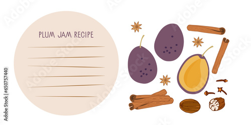 Plum jam recipe blank. Canned Plum hand drawn doodle sketch. Plum jam ingredients. Homemade fruit jelly, preserved fruits. Flat vector Food template for menu, kook book, farmers market, recipe.