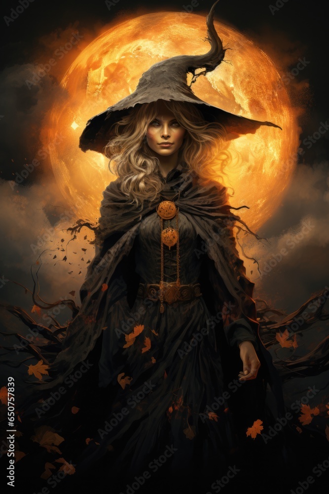 Magic gothic enchanted witch woman evil fairy girl magician wearing dress and hat in Happy Halloween spooky scary fantasy fall scene with full moon creepy horror night light background. Copy space. Magic gothic enchanted witch woman evil fairy girl magician wearing dress and hat in Happy Halloween spooky scary fantasy fall scene with full moon creepy horror night light background. Copy space.