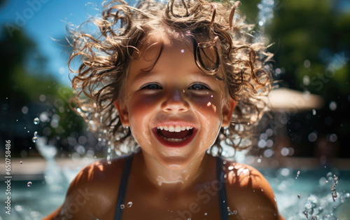 Happy kid boy playing in the pool on a hot summer day. Generative AI