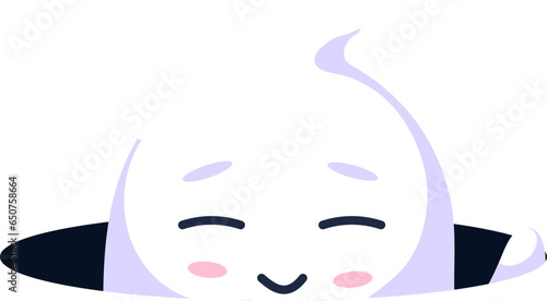 Halloween kawaii ghost peek out playfully from the hole with whimsy and adorable smile. Cartoon cute vector spook character with charming funny presence brings a touch of enchantment to holiday