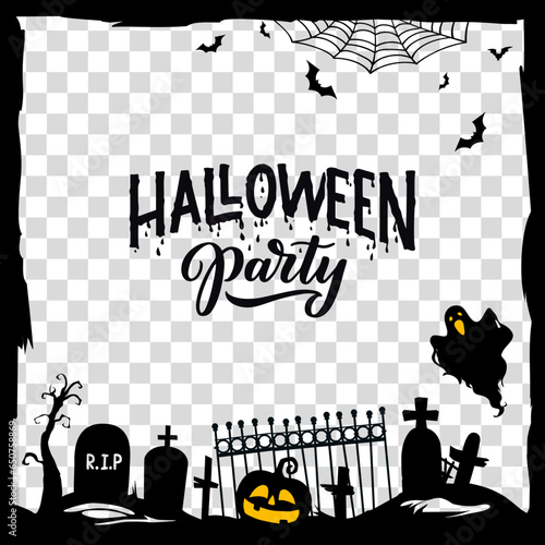 Halloween social media post black frame template for storytelling on holiday, cartoon vector cemetery. Halloween and trick or treat party pumpkin with ghosts and tombstone on cemetery for social media