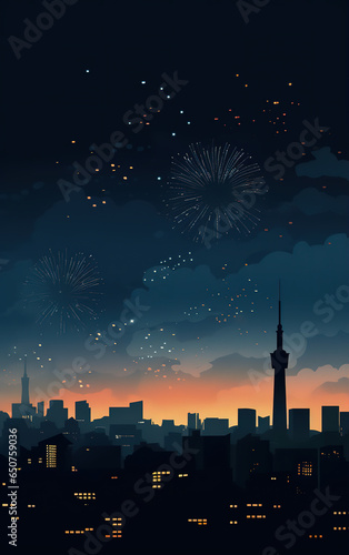 Fireworks on the city night sky,created with generative ai tecnology.