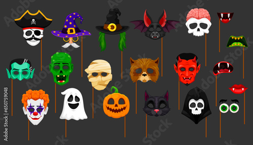 Halloween photo booth masks and props, isolated cartoon vector faces, hats, eyes and mouths. Witch, pumpkin, bat, devil, skull and zombie with ghost, monster brain and clown and mummy with black cat