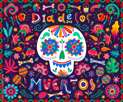 Dia de Los Muertos or Day of Dead Mexican holiday vector banner with tropical flowers and candles. Calavera sugar skull and bones in floral pattern ornament of Mexican maracas and chili peppers