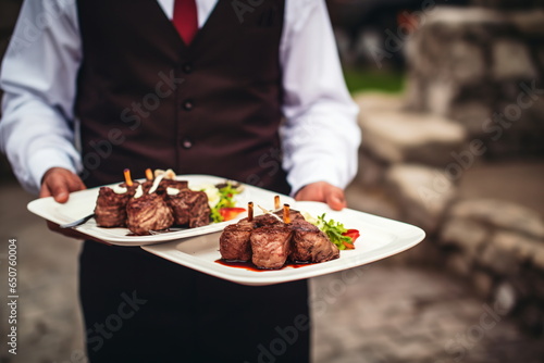 Hand of waiter from restaurant with a terrace on the beach with a view of the turquoise sea carries heavy plates with hamburgers for guests.