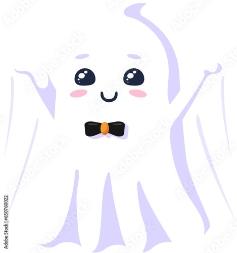 Halloween kawaii ghost character swiftly flying with playful grin. Isolated cartoon vector cute and adorable baby spook personage wearing bow tie having fun during spooky holiday party celebration