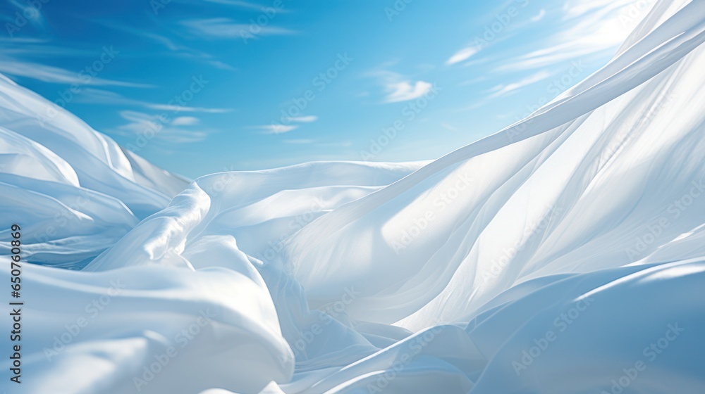 light white fabric flutters in the wind against the blue sky.background ...