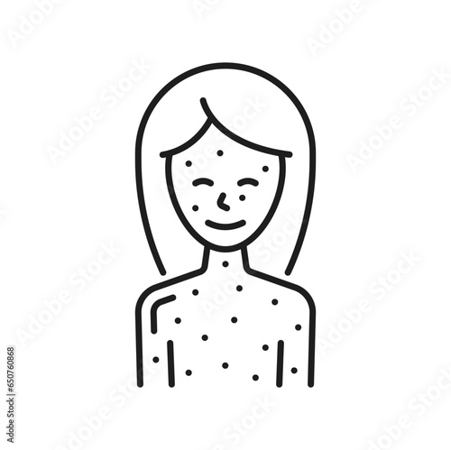 Baby girl with skin rash, hives, urticaria or eczema, irritation or chickenpox, rubeola, measles. Food, medication allergy reaction thin line icon