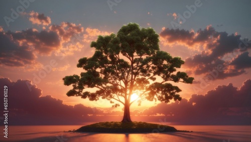 3d render of a tree against a sunset sky.