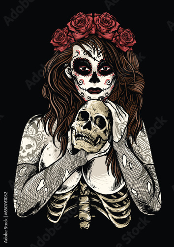 Scary Girl With Skul Head Illustration Vector