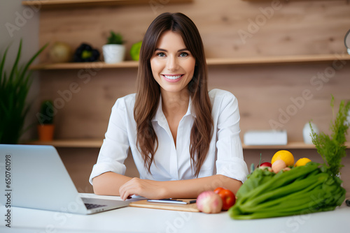 Beautiful smart nutritionist woman working with computer while looking at camera in the nutritionist consultation