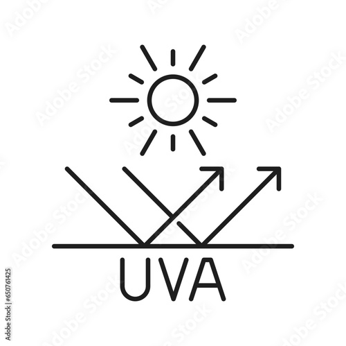 UVA sunlight, source of UV radiation from sun. Vector summer sun, ultraviolet protection sign. Sunscreen cosmetics. UVA sun rays reflection arrows