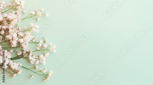 Feminine wedding desktop mockup with baby's breath Gypsophila flowers, dried green eucalyptus leaves, satin ribbon and painted pastel background.