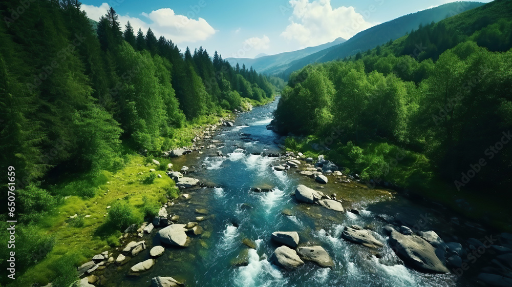 A rocky river in the middle of a forest. Aerial view of river reflecting sky, amid lush green landscape, aerial view. Top view of a mountain river in the forest. - obrazy, fototapety, plakaty 