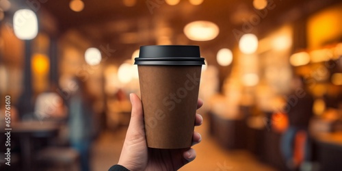Female Hand Holding a Coffee Paper Cup with Fancy Lights Background. Elegant Coffee Cup Mockup