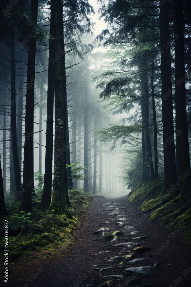 Fototapeta premium Misty spooky forest background, gloomy trees in scary horror foggy woods Happy Halloween dark night creepy nature mist fantasy atmosphere mystery dramatic landscape fall nightmare scenery. Copy space