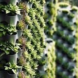 Close-up shot of an innovative green technology, such as a vertical garden or a rainwater harvesting system, showcasing the ecological innovations in sustainable development. Capture the intricate det