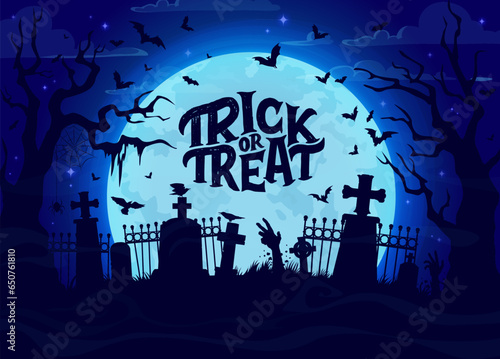 Halloween cemetery landscape silhouette with zombie hands and gravestones. Halloween holiday trick or treat night vector banner of creepy graveyard, trees, spiders, bats and full moon sky background