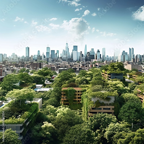 Composite image featuring a city skyline transformed into a lush green landscape, with buildings covered in vegetation and rooftop gardens. Depict an urban environment where nature and human-made stru