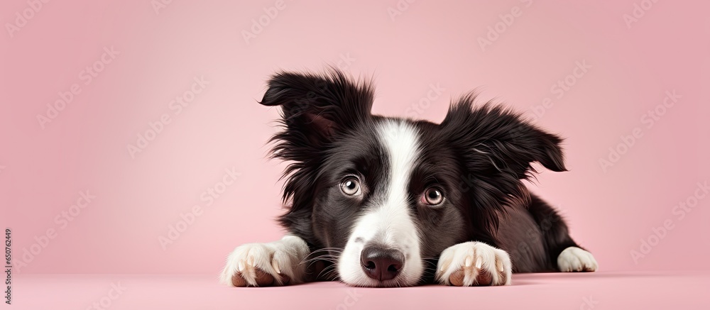 Solitary Border Collie dog lying isolated pastel background Copy space ground - obrazy, fototapety, plakaty 