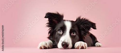 Solitary Border Collie dog lying isolated pastel background Copy space ground photo