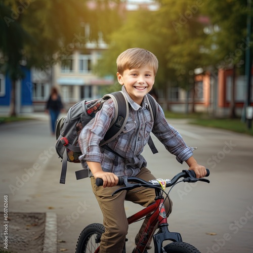 child boy with bicycle go to elementary school 