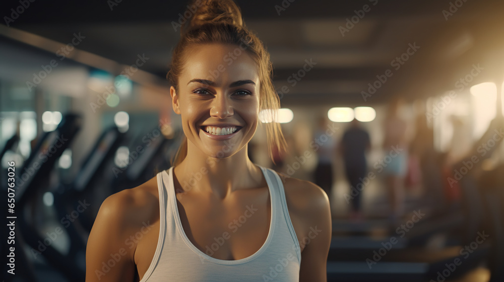 Fototapeta premium Close up image of attractive smiling fit woman in gym, wellness and healthy lifestyle with gym, Personal trainer.