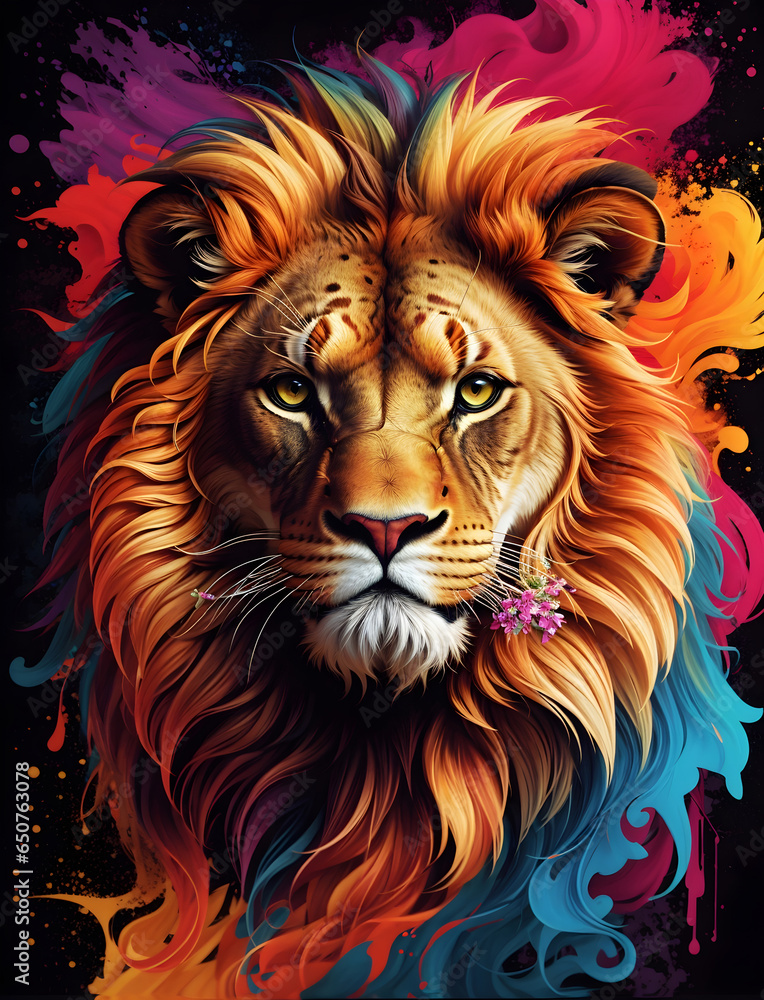 A formidable Lion, ferocious in its eyes., The background is painted with artistic, T-Shirt Art. Ai generative