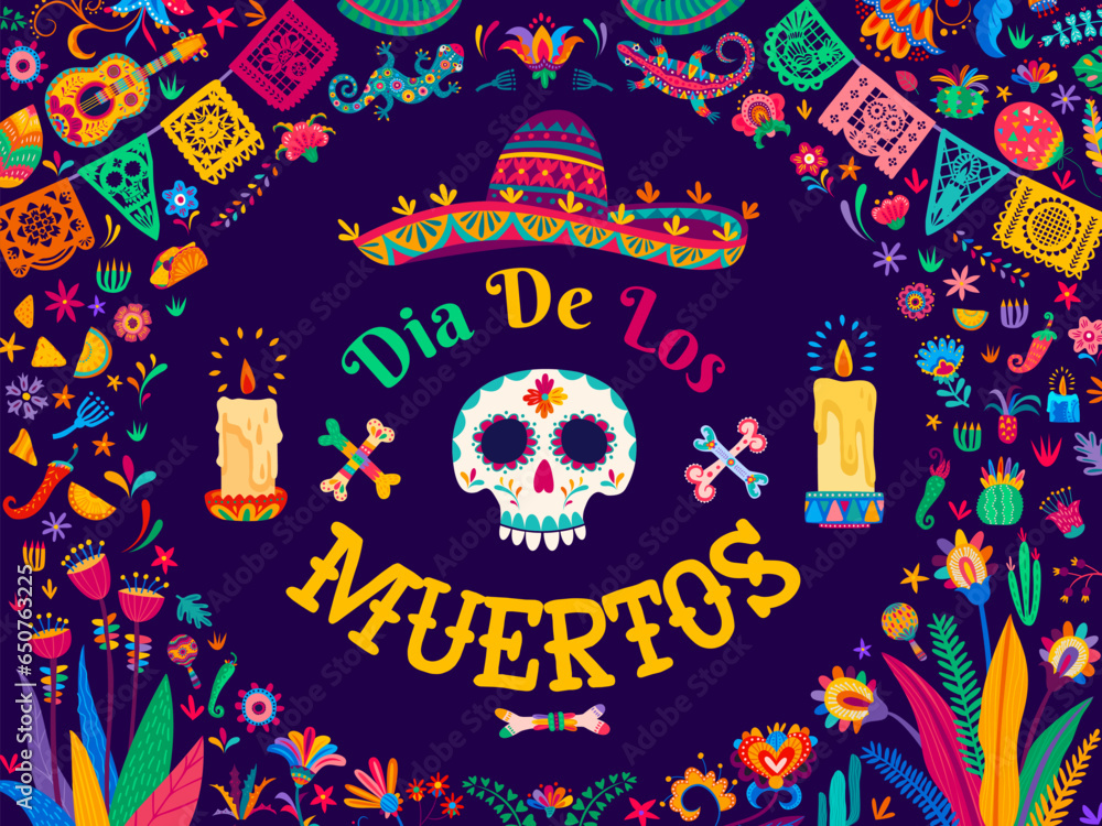 Dia de Los Muertos or Day of Dead banner with calavera skull in sombrero, vector papel picado flags and candles. Mexican holiday Dia de Los Muertos background, guitars and maracas in floral ornament