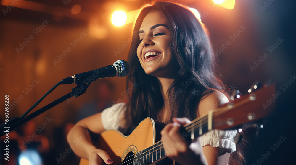 Close up image of attractive smiling woman play classic guitar on concert stage.