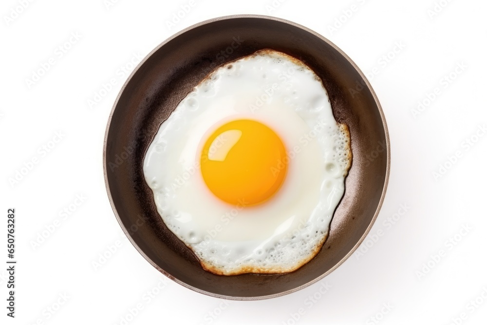 One fried egg in hot pan isolated on white background, top view One fried egg in hot pan isolated on white background, top view