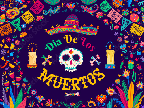 Dia de Los Muertos or Day of Dead banner with calavera skull in sombrero, vector papel picado flags and candles. Mexican holiday Dia de Los Muertos background, guitars and maracas in floral ornament