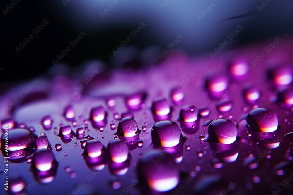 Raindrops on windowpane, softly lit by a calming purple glow Raindrops on windowpane, softly lit by a calming purple glow