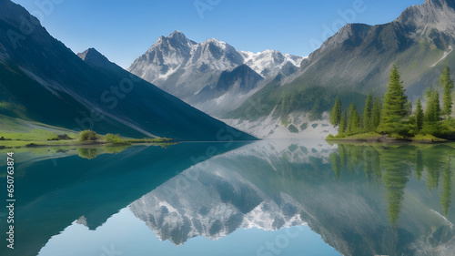 Serenity Captured: Majestic Mountains Reflected in Pristine, Mirror-Like Lake