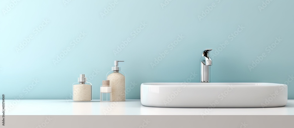 Bathroom sink faucet and soap containers isolated pastel background Copy space