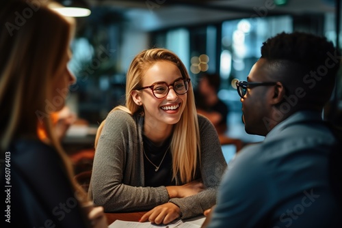 focus to smiling young female sharing ideas with black male friend
