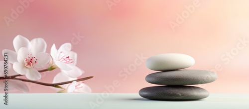 Zen pebbles represent harmony a concept related to relaxation and wellness isolated pastel background Copy space