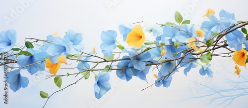 Closeup of a tree with a hanging Thunbergia blue skyvine flower isolated pastel background Copy space photo
