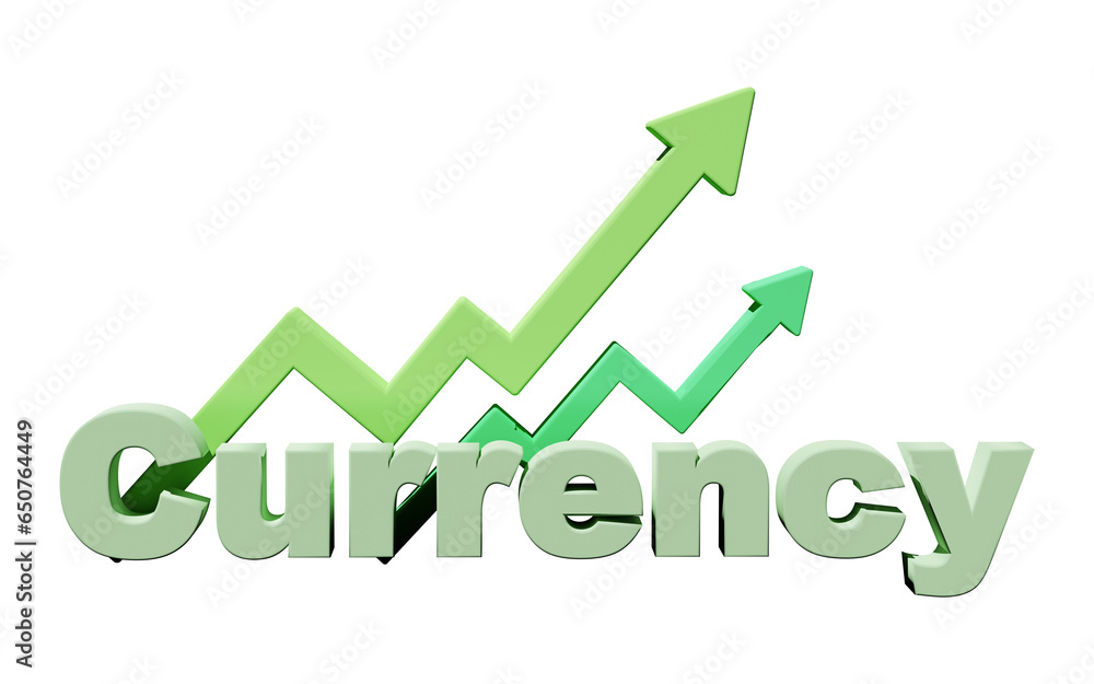 'Currency' text with growth chart luxury 3D Rendering on transparent background. use for stock market graph, financial, profit income
