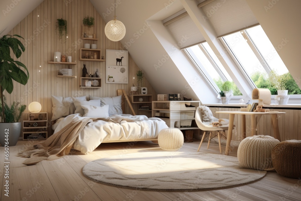 Image showcasing Chic cozy sustainable Scandinavian mid century modern teen room with ...
