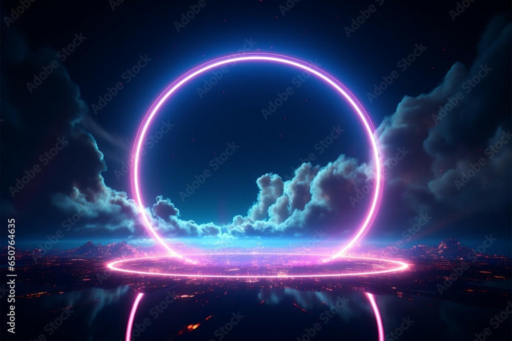 3D render Neon circles against a night sky, brilliantly illuminating