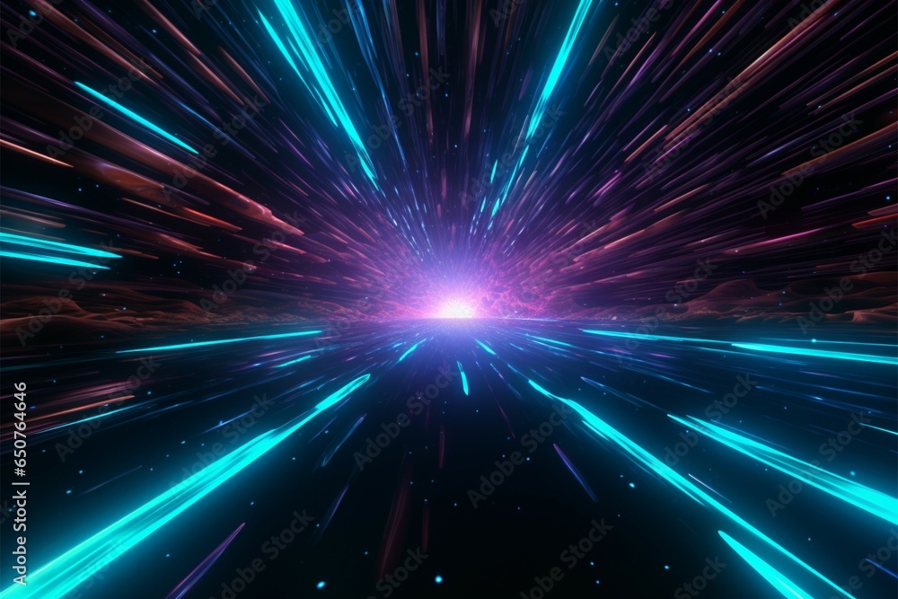 3D render of a warp jump Fast travel through a neon lit galaxy corridor