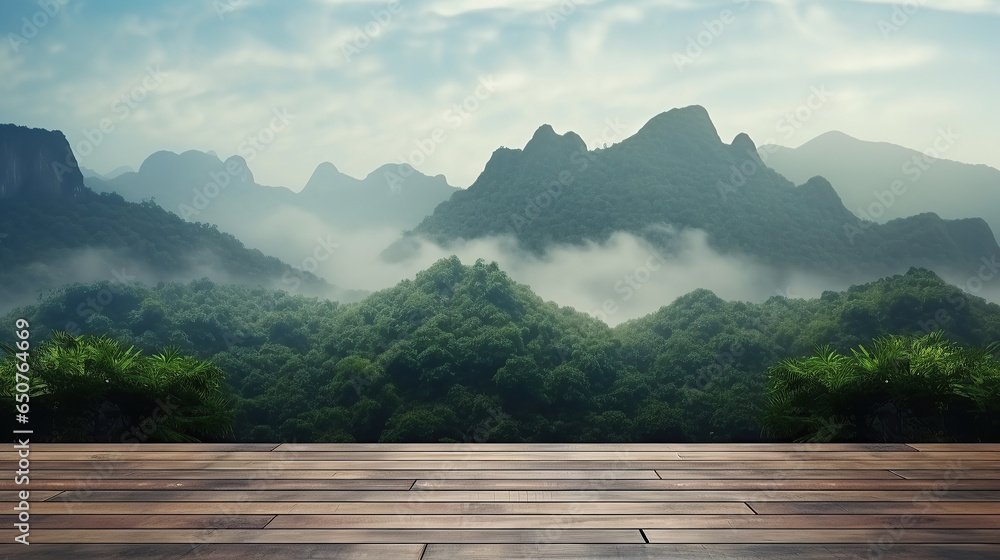 Empty wooden table top with mountain foggy jungle landscape with waterfall. Fog and clouds mountain tropical valley landscape, for display or montage your products.