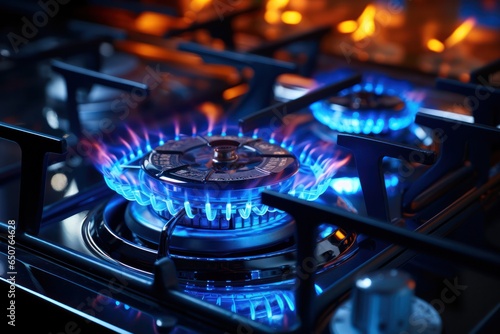 Close-up of a blue fire on a gas stove with a burning propane flame. Industrial resources and economics concept.